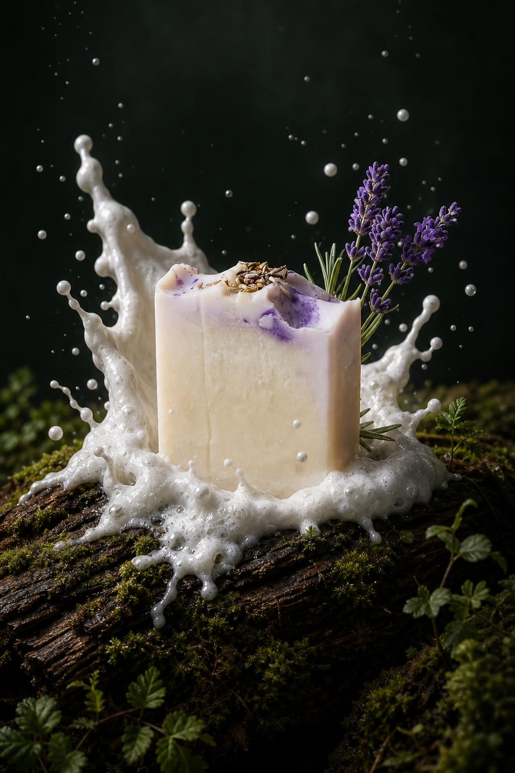 Jabón de lavanda Verdea envuelto en espuma sobre musgo