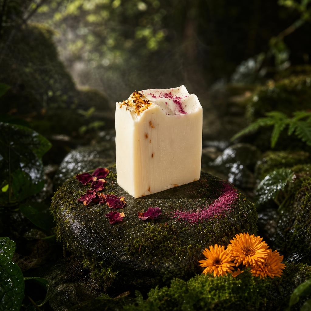 Jabón de geranio y aceite de oliva sobre una piedra con musgo