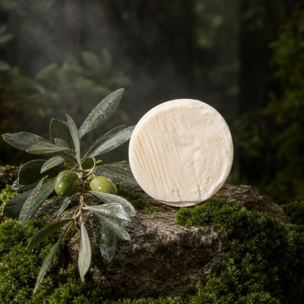 Jabón hidratante de aceite de oliva virgen sobre una piedra con musgo