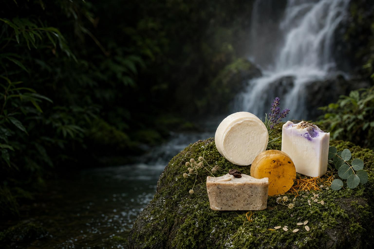 Jabones artesanales Verdea sobre musgo junto a una cascada